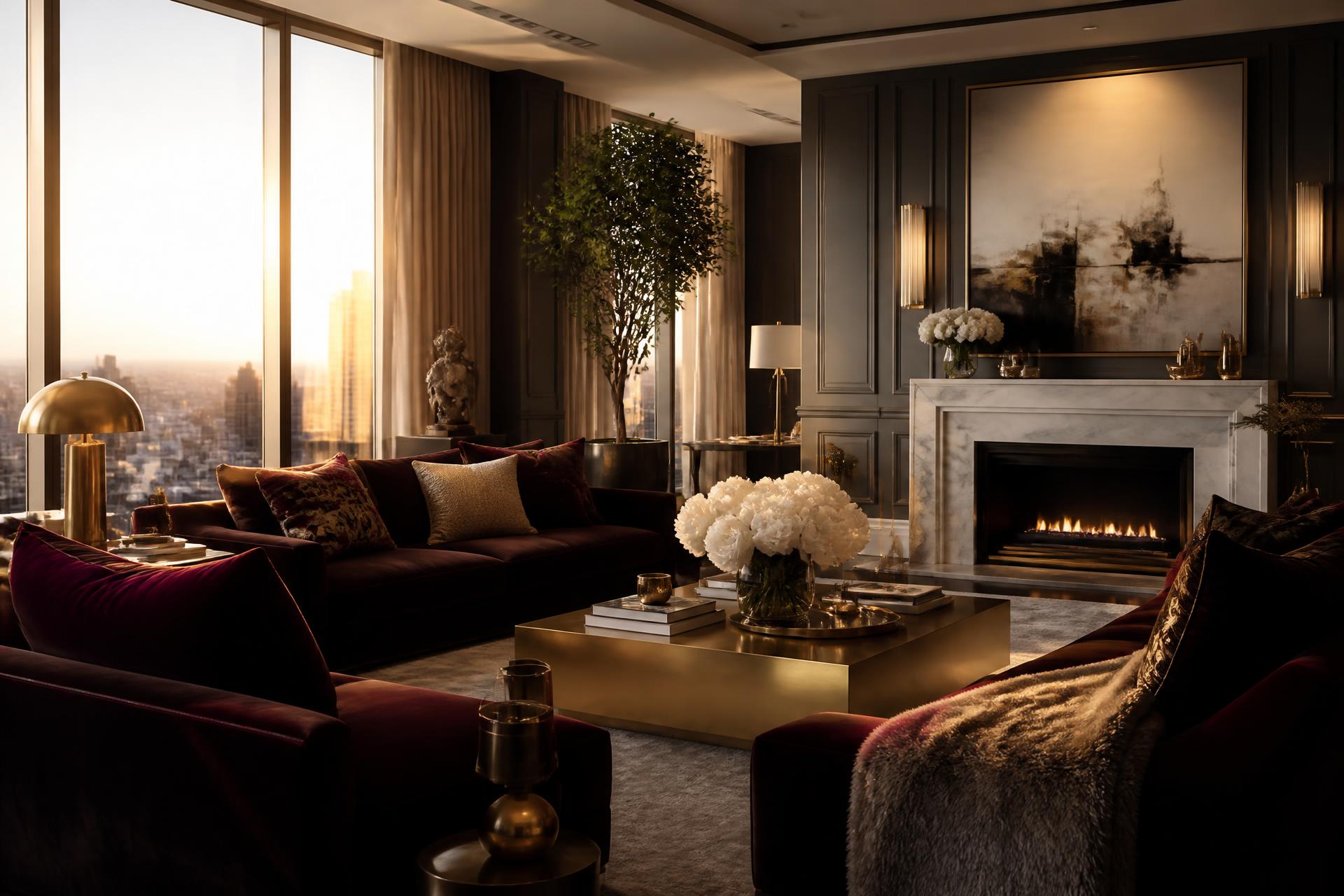A wine-and-gold living room at golden hour